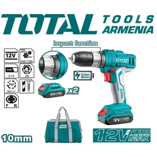 Հարվածային գայլիկոնիչ (դռել) պտուտակահան մարտկոցով 12Վ/1.5Ա/25Նմ  2 մարտկոց TIDLI1222